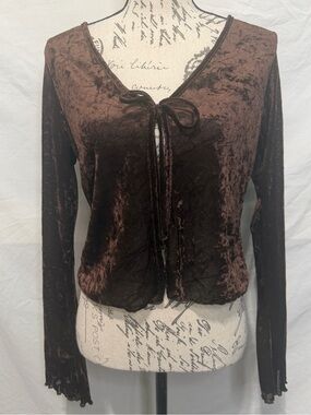 SEE YOU MONDAY Velvet Mesh Tie-Front Crop Top in Deep Brown Size XL NWT